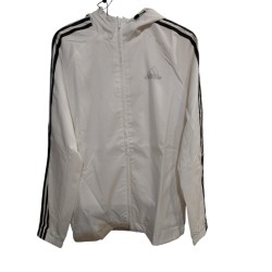 Giacca a vento bianca a 3 strisce con cappuccio Adidas.